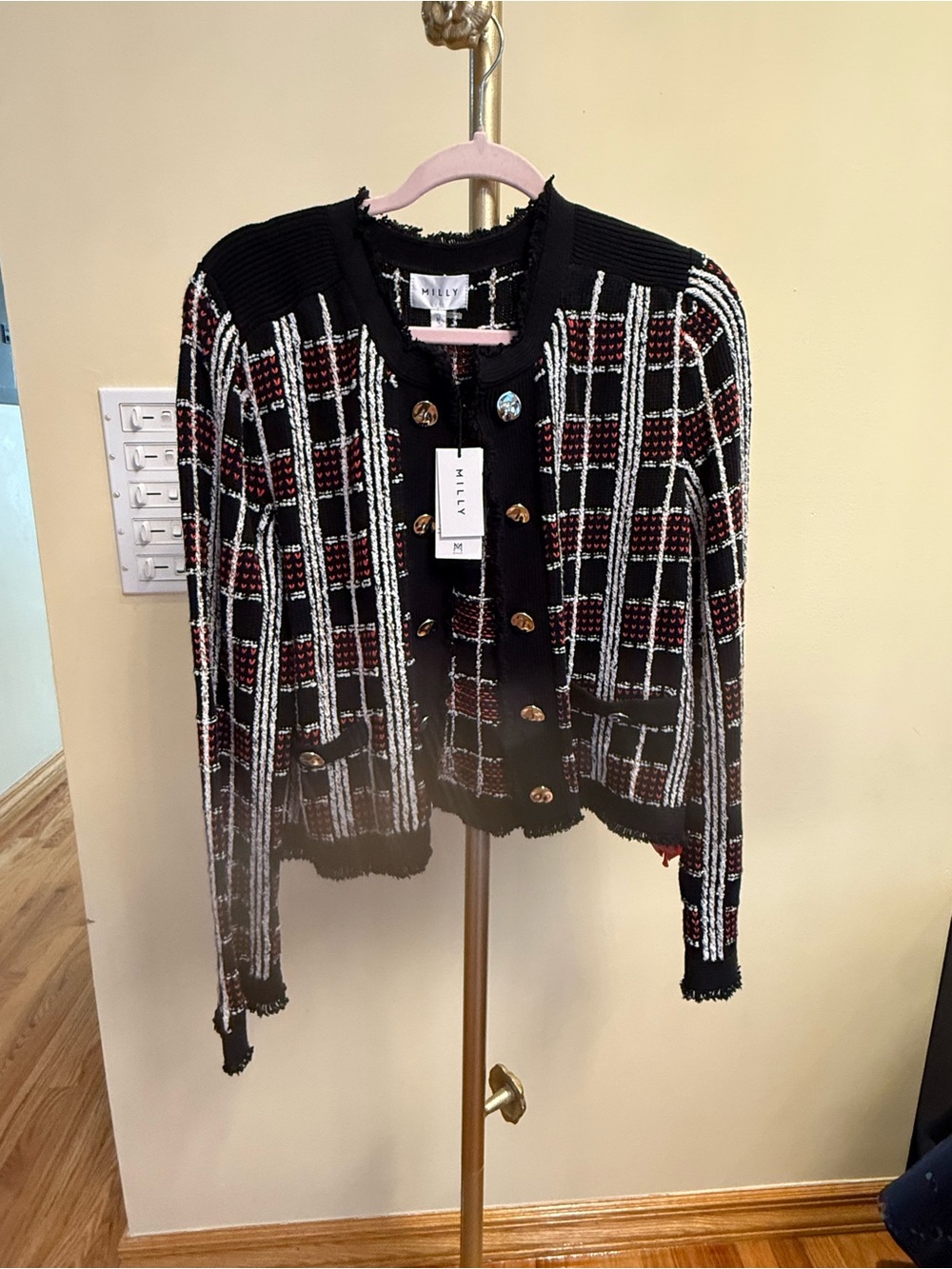Milly Black Plaid Tweed Button-Up Blazer with Gold Buttons